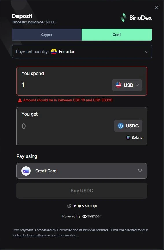 BinoDex cashier in English showing the card purchase option and USDC amount field