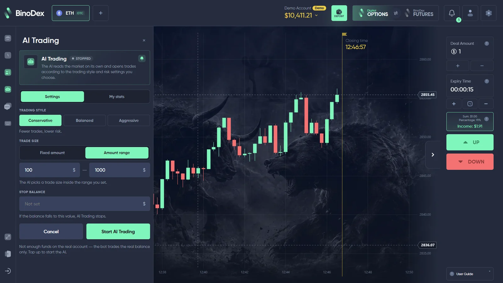 BinoDex AI Trading setup with trading styles, amount range and Stop Balance settings