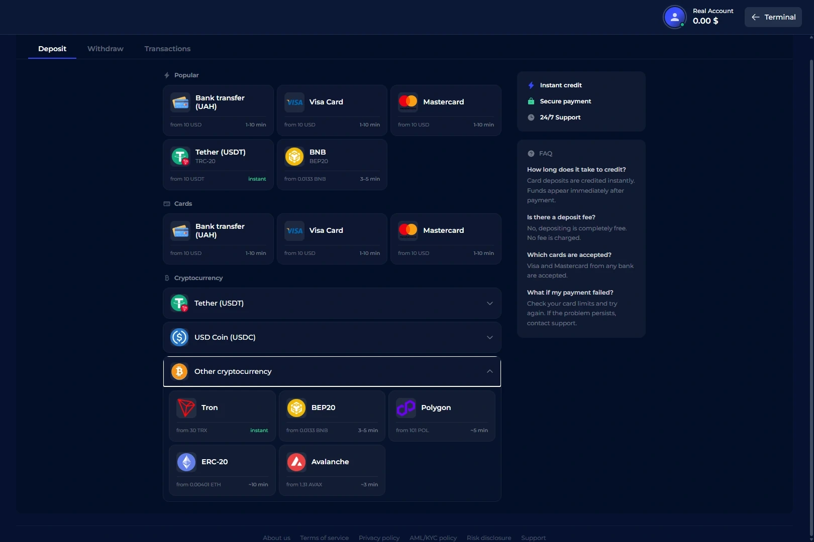 ComforTrade deposit methods displayed in cashier interface