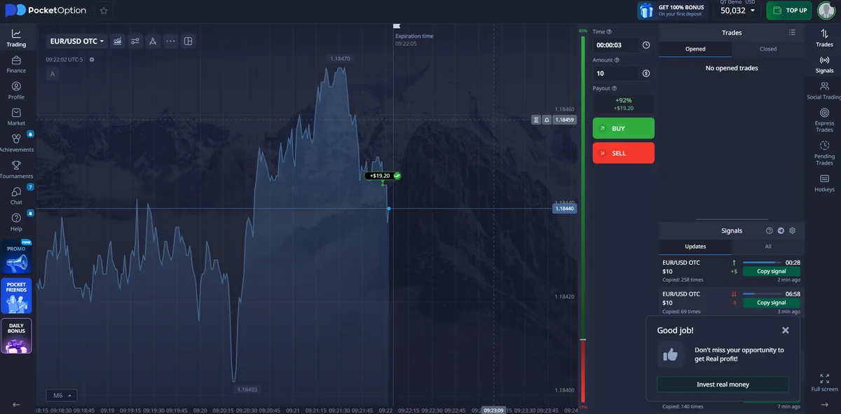 Pocket Option Quick Trading chart, order controls and workspace