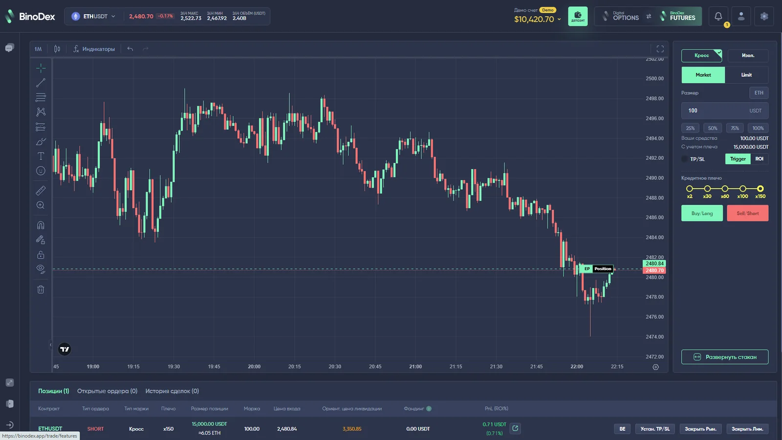 BinoDex perpetual Futures screen showing order book chart and position entry controls
